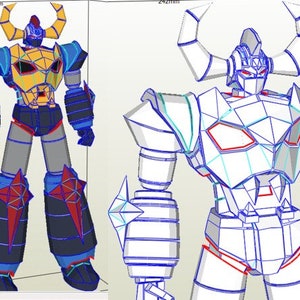 Può includere: Sono raffigurate due figure di robot, una colorata e una delineata. Il robot colorato ha un petto giallo, dettagli blu e neri e dettagli rossi a forma di stella. Il robot delineato mostra la struttura del design. L'altezza è di 38 cm, e la larghezza è di 24,2 cm.