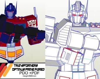 May include: A red and blue Transformers Optimus Prime paper model kit. The kit includes PDO and PDF files and is 500 mm tall.