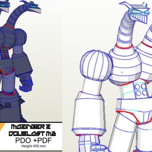 Può includere: Un kit di modellismo in carta bianco e nero di Mazinger Z Double Last Ma, un robot con due teste. Il modello è alto 450 mm e include file PDO e PDF.