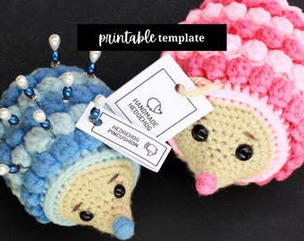 Printable hedgehog tags. Cut out label for handmade hedgehog pincushion and toy. Foldable with safety warnings.