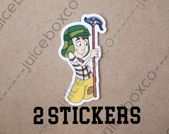 May include: A sticker featuring a cartoon character in a green hat and striped shirt, holding a hammer. The sticker has a white border and the text "2 STICKERS" is below the character.