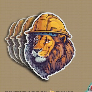 May include: A sticker featuring a cartoon lion wearing a yellow hard hat. The lion is looking to the left. The sticker is repeated three times in the image.