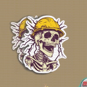May include: A sticker featuring a cartoon skeleton wearing a yellow hard hat. The skeleton is surrounded by lightning bolts and has a mischievous grin. The sticker is perfect for adding a touch of humor to any surface.