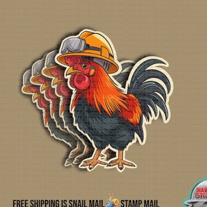 May include: A set of four rooster stickers with a hard hat and goggles. The roosters are black, red, and yellow. The stickers are perfect for adding a touch of humor to your home or office.