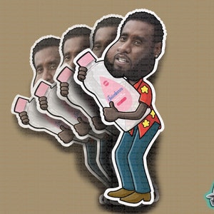Puede incluir: Una pegatina con una ilustraci&oacute;n de dibujos animados de una persona sosteniendo una botella de loci&oacute;n rosa con el nombre de la marca "Thriceboro" impreso en la botella. La persona lleva una camisa roja con flores amarillas y pantalones vaqueros azules. La pegatina tiene un borde blanco y el texto "HARDHAT STICKERS" en un cuadro gris con un borde azul.