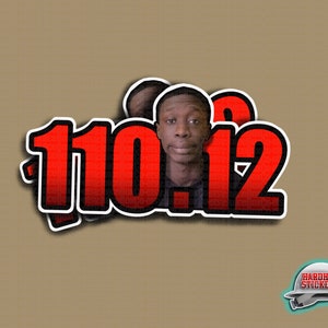 May include: Red and black sticker with the numbers 110.12 and a person's face in the middle. The sticker has a white border. The text "HARDHAT STICKERS" is in the bottom right corner of the image.