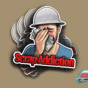 May include: A cartoon illustration of a construction worker wearing a white hard hat and blue shirt. The worker is crying and holding a stack of money to his face. The text "Scrap Addiction" is written in red letters below the worker. The image is a sticker.
