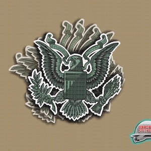 May include: A set of green and white stickers featuring the Great Seal of the United States. The seal depicts a bald eagle with outstretched wings, holding an olive branch in one talon and arrows in the other. The eagle is perched on a shield with the inscription "E Pluribus Unum" above it. The stickers are arranged in a layered, overlapping pattern.