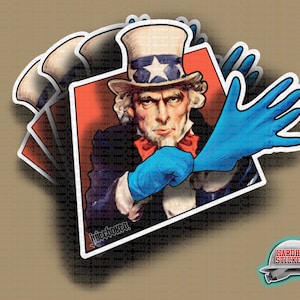 May include: Uncle Sam sticker with a blue glove on his right hand. The sticker is layered on top of itself, creating a 3D effect. The sticker has the text "JuiceBoxCo-etsy" at the bottom.