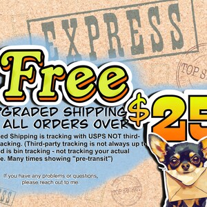 May include: A yellow and orange graphic with the text "Free Upgraded Shipping on all orders over $25". A small chihuahua dog is holding a brown envelope in its mouth. The graphic has a vintage, distressed look with stamps that say "Top Secret" and "Express".