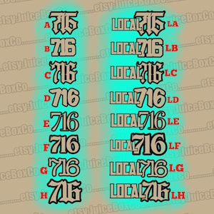 May include: Eight variations of a black and white graphic design of the number 716. The number is stylized with a gothic font. The letters "LOCAL" are in front of the number in the right column. The letters "A" through "H" are in red in the left column.