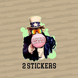 May include: Two stickers featuring Uncle Sam blowing a bubble gum bubble with the words "Double Bubble" on it. The stickers are on a brown background with the text "etsy:JuiceBoxCo" repeated.
