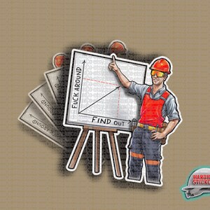 May include: A red and white sticker with a cartoon illustration of a construction worker pointing to a graph on an easel. The graph is labeled "Find Out" on the x-axis and "F*ck Around" on the y-axis. The sticker has the text "Hardhat Stickers" in the bottom right corner.