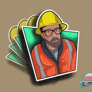 May include: A sticker featuring a cartoon illustration of a man wearing a yellow hard hat and an orange safety vest. The background is a green and yellow color scheme. The sticker has the text "Hardhat Stickers" in the bottom right corner.