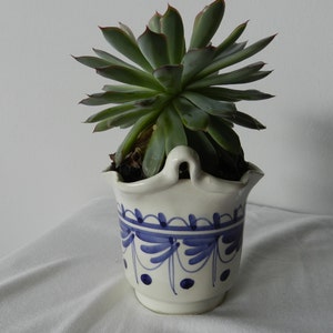 May include: A succulent plant with green leaves and red edges in a white ceramic pot. The pot has a blue floral design and a handle. The plant pot is a decorative item for home decor.