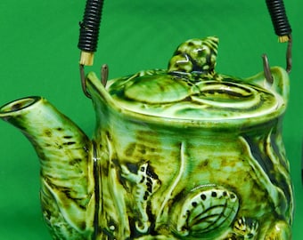 Green Majolica 70s  Sea Life Decor Teapot