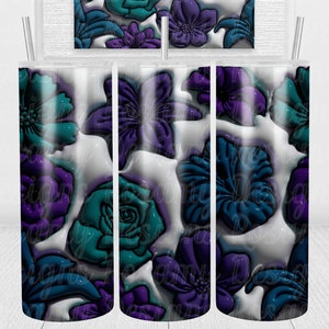 3D Floral Inflated Tumbler Wrap PNG, Puffy, Seamless, Floral, Tumbler Design, Boho, Flowers, Purple, Teal, 20 oz
