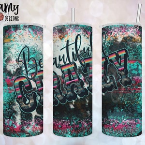 May include: Three stainless steel tumblers with a turquoise, pink, and black abstract design. The tumblers have the text "Beautiful Crazy" printed on them.