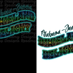 May include: A colourful graphic design with the text "Alabama-Jamma" and "Dixie Land Delight" in a rainbow colour scheme.