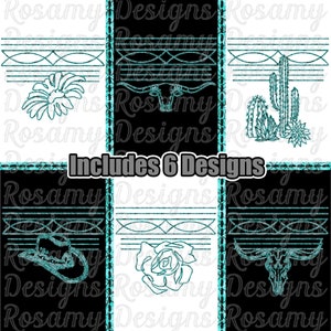 May include: Six black and white digital designs featuring a cowboy hat, a rose, a skull, a cactus, a sunflower, and a geometric pattern. The designs are outlined in turquoise.