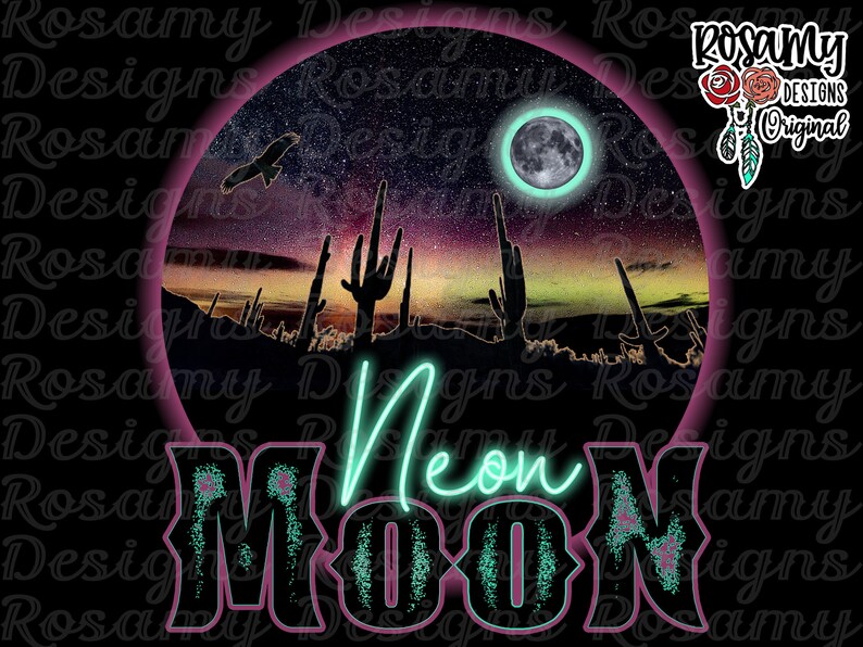 K&ouml;nnte beinhalten: Ein neon-gr&uuml;nes und pinkfarbenes Grafikdesign mit dem Text "Neon Moon" in einer stilisierten Schriftart. Das Design zeigt eine W&uuml;stenlandschaft mit Kaktus-Silhouetten und einem leuchtenden Mond am Nachthimmel.