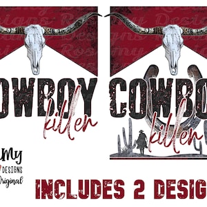Op de afbeelding: Twee digitale ontwerpen met een verweerde zwart-witte cowboy schedel met hoorns, het woord "COWBOY" in zwart met een verweerde textuur en het woord "killen" in rood. Het eerste ontwerp heeft een rode en witte achtergrond met een verweerde textuur. Het tweede ontwerp heeft hoefijzer- en cactus silhouetten in grijs met een verweerde textuur.