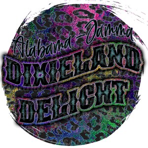 May include: A black and white graphic design with a colourful leopard print background. The text "Alabama-Jamna Dixie Land Delight" is written in a bold, stylised font.