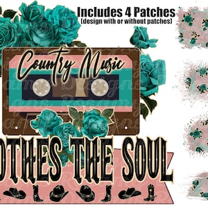Puede incluir: Una cinta de casete vintage con las palabras "Country Music" en ella, rodeada de rosas turquesa. El texto "SOOTHES THE SOUL" está debajo de la cinta de casete. La imagen incluye cuatro parches con un patrón de rosas turquesa.