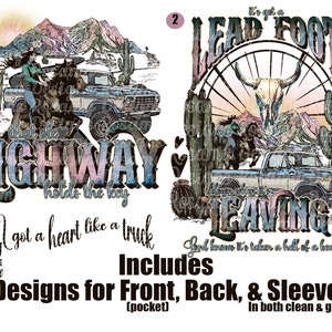 May include: A set of three digital designs featuring a vintage truck, a horse, and a skull with the text "It's got a Lead Foot" and "That old Highway holds the key". The designs are in a grunge style with a watercolor effect.