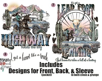 May include: A set of three digital designs featuring a vintage truck, a horse, and a skull with the text "It's got a Lead Foot" and "That old Highway holds the key". The designs are in a grunge style with a watercolor effect.