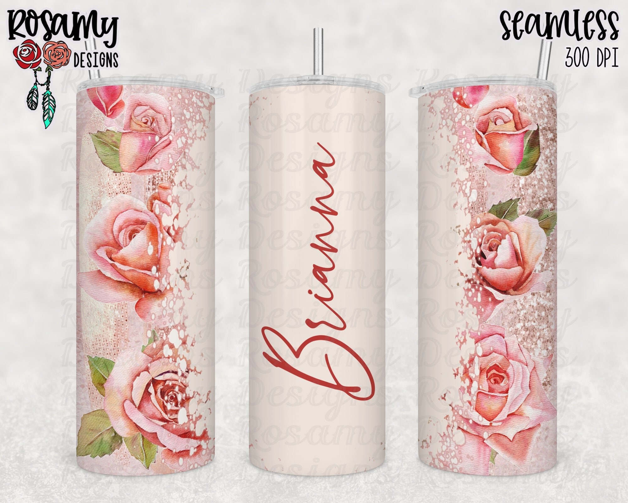 Add Your Name Blush Rose Glitter PNG Seamless Tumbler Wrap | Etsy