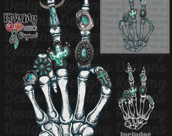 Skeleton Turquoise Rings PNG, Retro Cowgirl PNG, Skeleton Peace Sign, Teal Concho, Design Download, Country Western, Rodeo, Bundle