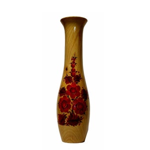Vintage 1980s Unique Ukrainian Handmade & Hand Painted Vase From Natural Hardwood with Red Flowers and Lacquered Natural Wood Texture #24