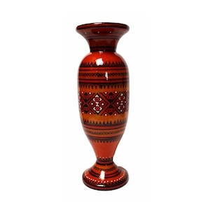 Vintage 1980s Unique Ukrainian Handmade Hand Painted Around Vase Natural Wood Ukrainian Traditional Geometric Design, Lacquered Numbered #32