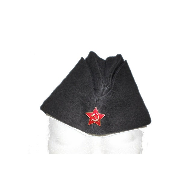 Authentic Vintage 1980th Soviet USSR Military Navy Submarine Field Hat-Pilotka with Original Cap Badge – Red Star with Hammer and Sickle #30