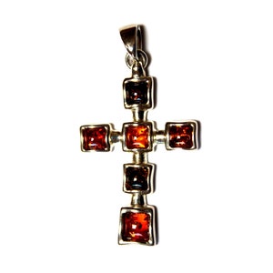 Vintage Baltic Amber Cross Pendant: Sterling Silver, Handmade in Poland