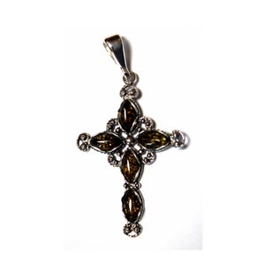 Vintage Baltic Genuine Beautiful Green Amber Pendant Cross in Sterling Silver Handmade in Poland; Great Gift Idea Unique European Design #50