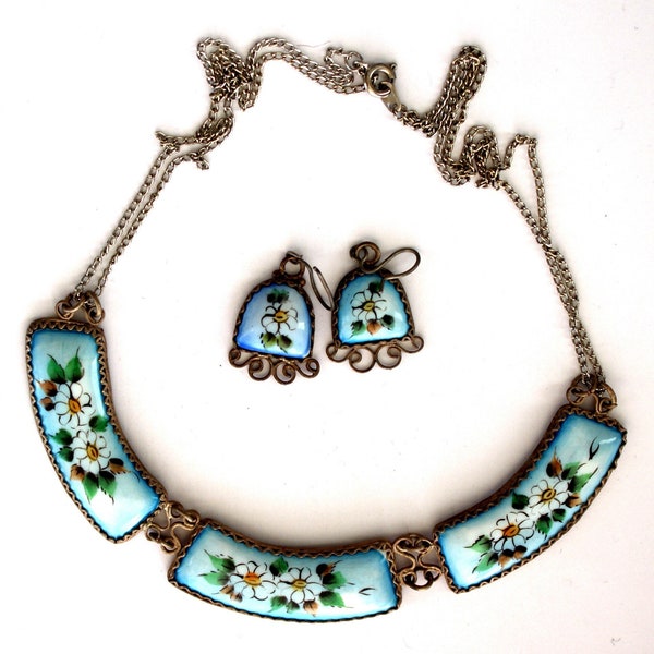 Vintage Russian Unique Handmade and Hand Painted Enamel Set Earrings and Necklace Finift Technique JEWELRY Intricate Handmade Filigree #35a
