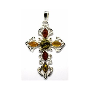 Vintage Baltic Amber Cross Pendant: Sterling Silver, Handmade Poland