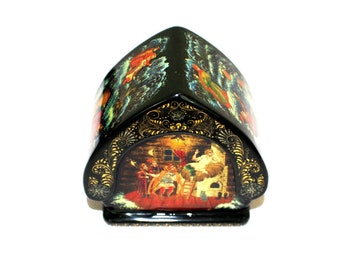 Vintage Hand Painted and Signed by Russian Artist from Palekh Art School Russian Black Lacquer Box Magic Pike Folk Tale Unique House Shape