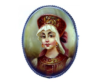 Broche vintage de nácar, retrato de una noble rusa pintado a mano n.° 6