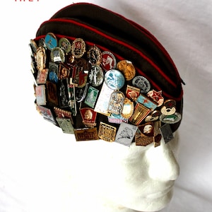 Vintage Soviet Army Officer Field Hat Pilotka with Pins & Patches #181-183