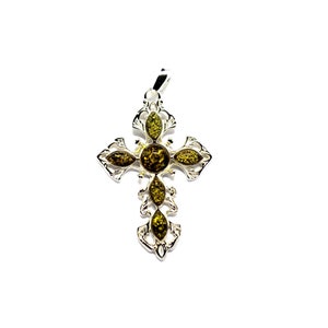 Vintage Baltic Green Amber Cross Pendant: Sterling Silver, Handmade in Poland
