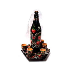 Vintage Unique Ukrainian Wooden Decorative Handmade Hand Painted Wine Set with Carafe, 6 Glasses, Stand Great for Home Office Decoration #59
