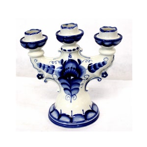 Vintage 1992 Original Made in Russia Blue & White Porcelain Gzhel 1st GRADE Mark Candleholder Great for Collection and Home Decoration #21