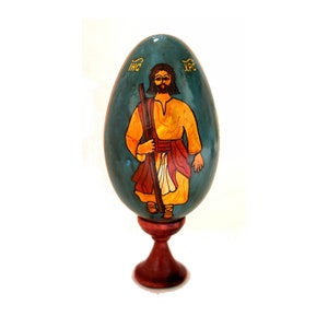 Vintage Hand Painted by Ukrainian Artist Wooden Egg Jesus Christ with Elegant Wooden Stand Made in Ukraine USSR Easter Christmas Gift #104