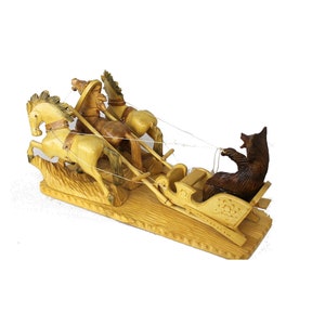 Vintage Russian Beautiful Large Hand Carved Lacquered Wooden Sculpture Russian Bear Riding Three Horses- Russian Trojka Home Decoration