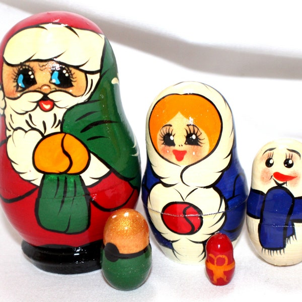vintage Russe Peint à la main Matrioshka Unique Russe 3.5 « Poupée gigogne Père Noël avec sac 5 pièces Grand Souvenir par l’artiste russe #42