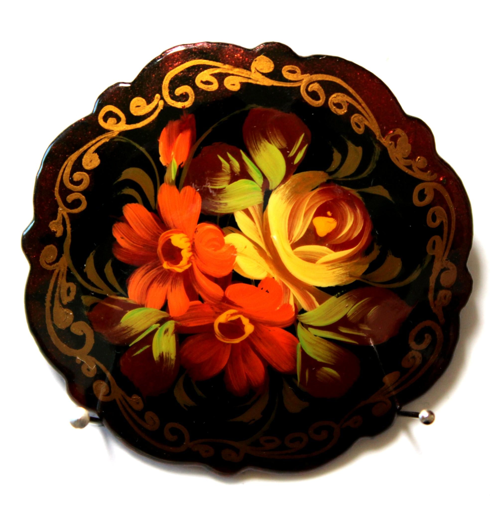 ロシア　ハンドペイント　ブローチ Vintage Hand Painted Floral Brooch, Russian Folk Art Jewelry #60
