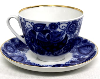 ヴィンテージ ロモノーソフ磁器コーヒーカップ＆ソーサー：手描き花柄